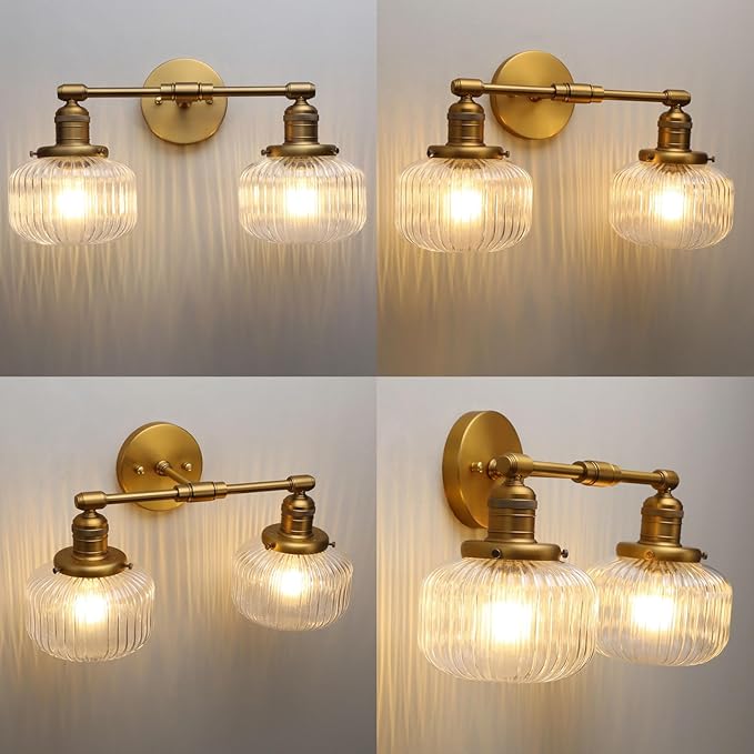 Phansthy Vintage Hardwired Sconces Wall Lighting, Bathroom Vanity Light Fixtures Antique Brass, Modern Wall Light with Clear Striped Glass Shade for Bedroom Fireplace Hallway (Antique Gold, Two-Light)