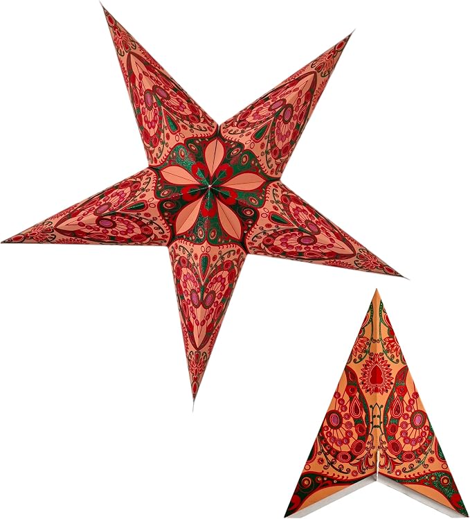 Lantern Lampshade Paper Star Light Shades Large 60cm Hanging Decorations for Christmas Wedding Home Decoration Birthday Party Foldable 5 Pointed Star (Glitter Orange, Green, Pink)