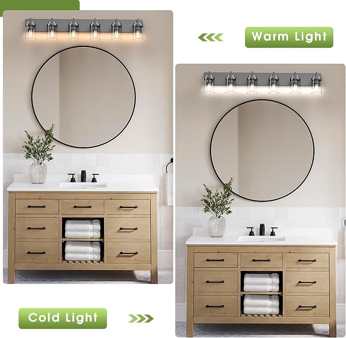 Bathroom Vanity Light, 6 Light Bathroom Light Fixtures Over Mirror, Black Vanity Lights with Clear Glass Shade, Modern Bathroom Light Fixtures for Bedroom, Hallway