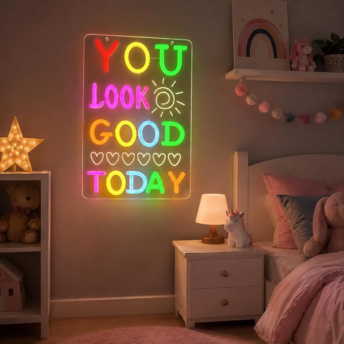 You Look Good Today Neon Sign for Wall Decor, Colorful Led Neon Light for Bathroom Bedroom Decor, Dimmable Mood Lighting for Office Cloakroom Party Kids Room Bar, 5V USB