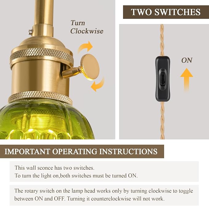 Plug-in Wall Sconce (Set of 2), Vintage Wall Decorative Lamp with Green Glass Shade, Indoor Brass Plug-in Wall Sconce for Bedroom, Living Room, Bathroom, Hallway