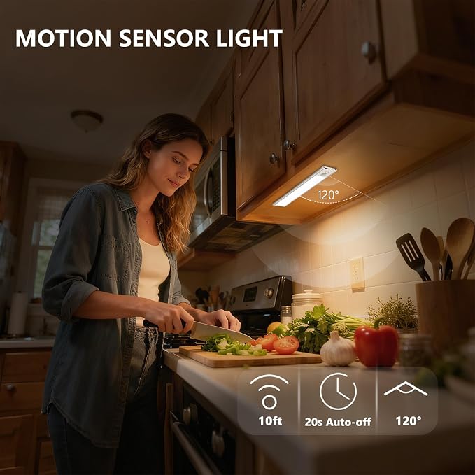 Bitrue Under Cabinet Lighting, 2Pack Rechargeable Magnetic Motion Sensor,Stepless Dimmable, 3 Color Temps, Wireless Lighting for Kitchen, Closet, Staircase (Silver, 2Pack-8inch)