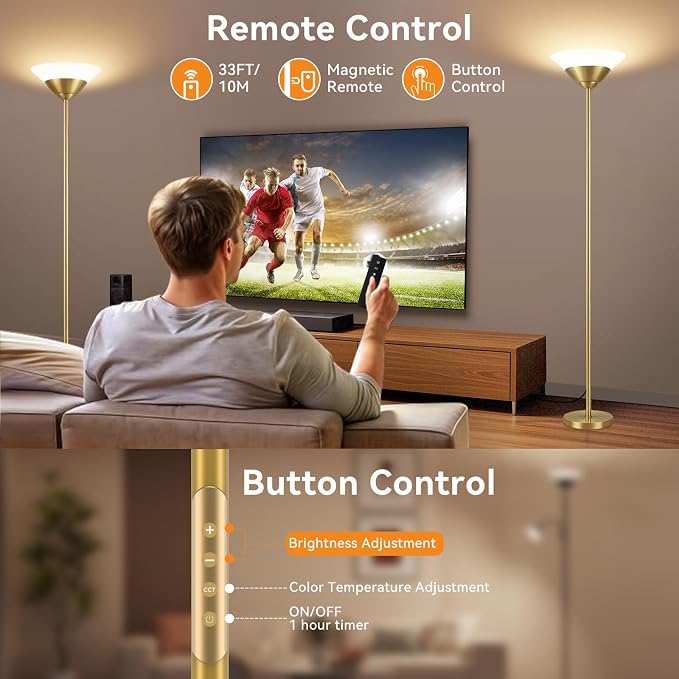 Torchiere Floor Lamp, 30W Dimmable LED Standing Lamp with Remote/Button Control, 1800Lm, 3000-6500K, 72in Bright Standing Pole Light for Living Room Bedroom Office Corner,Gold