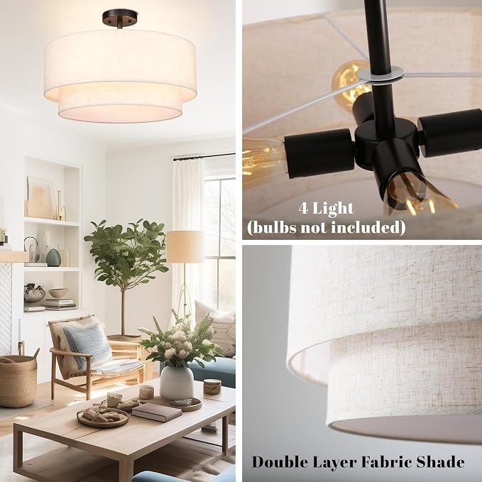 Hamilyeah 20 inch Semi Flush Mount Ceiling Light Fixture with 4 Light, Beige Drum Light Fixture Ceiling Mount with Fabric Shade, Modern Close to Ceiling Lighting Double Layer for Living Room, Bedroom