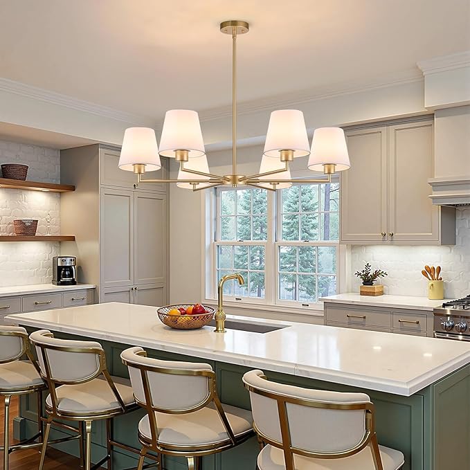 36" Gold Dining Room Light Fixture, No Assembly Required 6-Lights Kitchen Chandelier for Dining Room with White Fabric Shade, Chandelier Ceiling Light Fixture for Kitchen Island Bulb Not Included