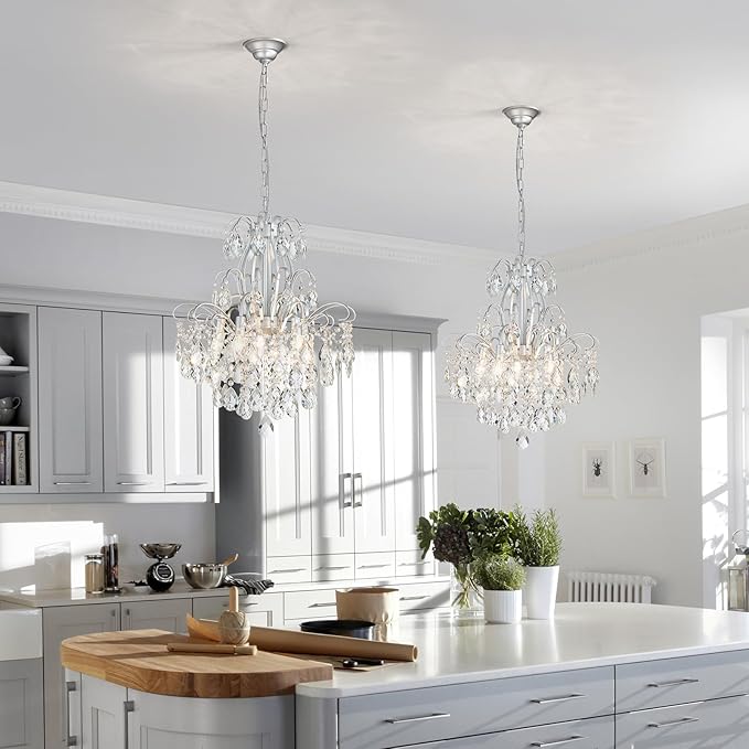 WUZUPS 5-Light Crystal Candle Chandelier Pendant Ceiling Modern Lighting Fixture for Bedroom Hallway Bar Kitchen Bathroom, H 22.8" W19.7, E12 Base, Silver