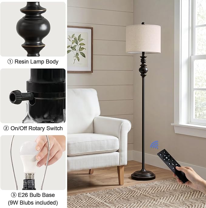 BOBOMOMO 64.25" Farmhouse Floor Lamp with Remote, Dimmable Black Floor Lamp with Adjustable Color Temperatures, Tall Standing Lamps for Living Room Corner, Bedroom & Office, 9W Bulb Included