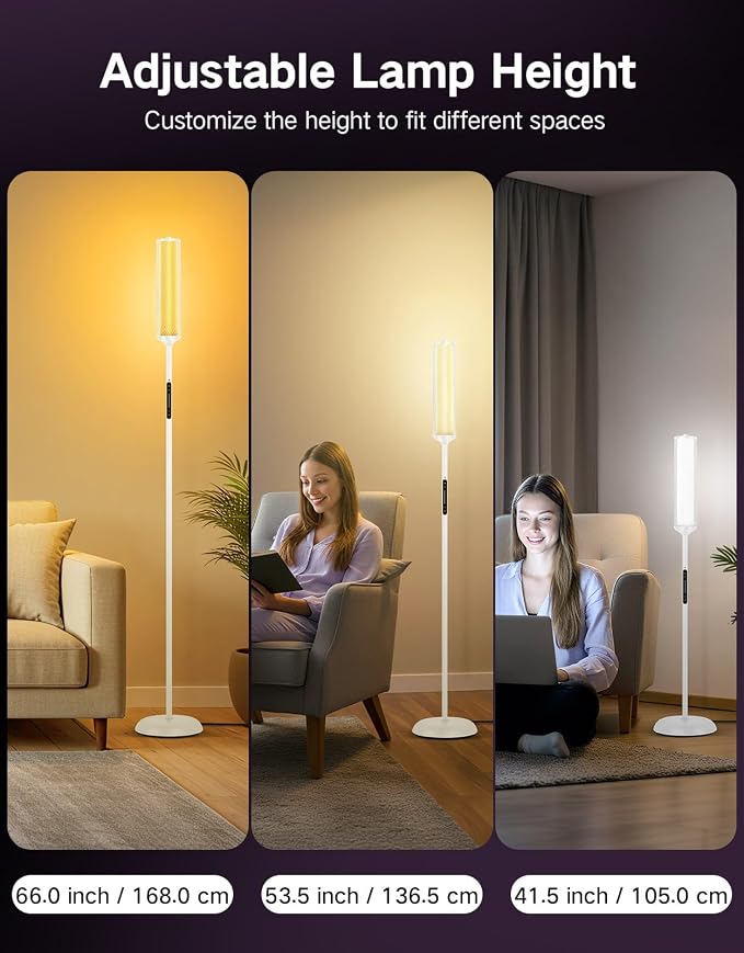 OUTON Bright Smart Floor Lamp with Remote, App & Touch Control, RGB Color Changing Standing Lamp, 2200K-6500K Dimmable, 3 Adjustable Heights, 32 Scenes for Living Room Bedroom Office,White & Metal