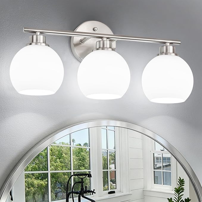 Brushed Nickel Bathroom Light Fixtures, 3-Light Vanity Light Over Mirror | Modern Bathroom Lighting Over Mirror, Wall Sconces, Milky White Globe Glass Shades, E26 Socket,ETL Listed