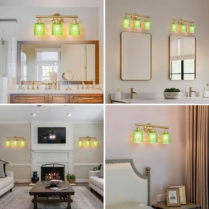 Bathroom Vanity Light, Gold Wall Fixture Over Mirror, Green Glass Shade Lighting with Bulbs Included for Bedroom & Living Room,3-Lights