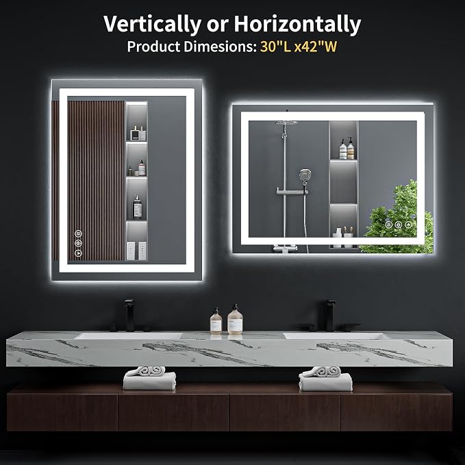 30"x42" LED Bathroom Mirror with Lights, Anti-Fog, Backlit+Frontlit | CRI 95, Stepless Dimmable, 3 Colors Lighting, Shatterproof Tempered Glass, HD Reflection, Memory, (Horizontal/Vertical)