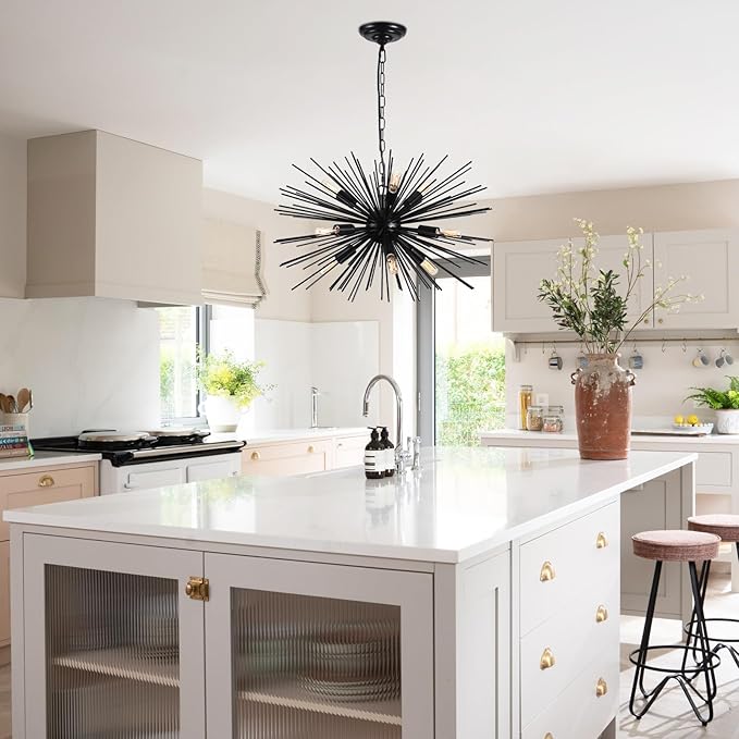 24in Black Sputnik Chandelier Light Fixture Over Table Modern 9-Lights Starburst Chandelier Solid Metal Satellite Sputnik Light Fixture for Dining Room, Kitchen Island, Bedroom,Foyer,Entryway