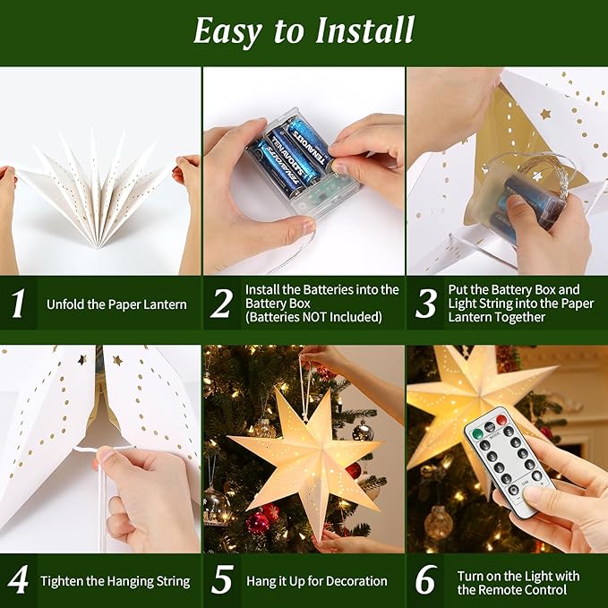 Lewondr Christmas Paper Star Lantern 3 Pack, Hanging Star Lights with Remote Control, Led Paper Lanterns with 6H Timer for Holiday Home Decoration