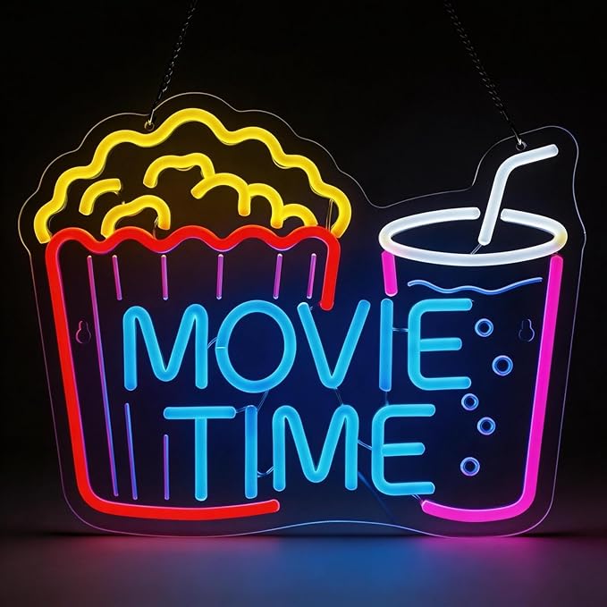 Movie Time Neon Sign with Popcorn & Drink - Dimmable LED Light for Home Theater & Movie Night Room Decor | Gift for Film Lovers (15x12”)
