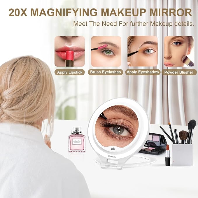 Mocado 1X/20X Magnifying Mirror with Light, Travel Makeup Mirror with Light | Double Sides Travel Mirror with 3 Color Light, Dimmable Touch, 1500mAh Rechargeable, Brightness Adjustable(White)