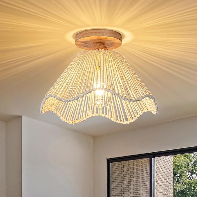 D12.5 Inch Boho Light Fixtures Flush Mount Mini Chandelier Woven Rattan Ceiling Light Fixture for Bedroom Hallway Bathroom Nursery Room