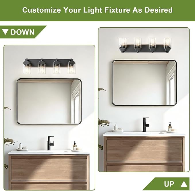 Black Bathroom Light Fixtures, 4 Lights Bathroom Lighting Fixtures Over Mirror, Square Design & Rectangle Large Backplate, Modern Vanity Lighting Fixtures, for Bathroom/Living Room/Bedroom
