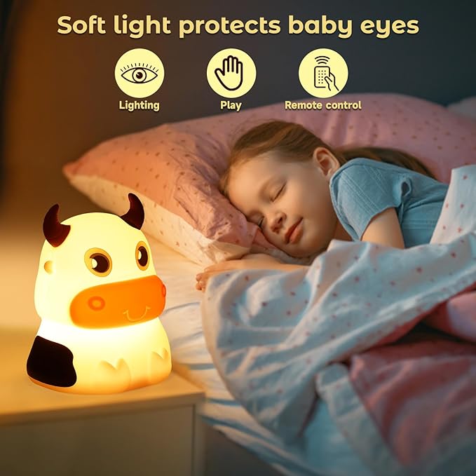 AVEKI Night Light for Kids, Portable Tap Control Rechargeable Nightlight Lamp, Color Changing, Silicone Cute Muti Color Cow Night Lamp Bedroom Decor for Infant or Toddler (Cows-USB)