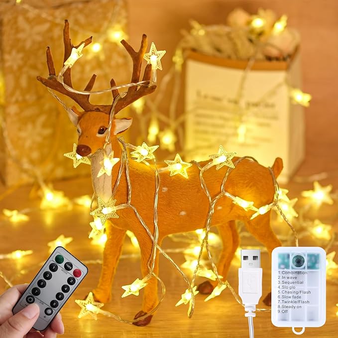 33Ft 80LED Remote Control Fairy Lights Battery and USB Operated, Warm White Star Fairy String Lights with Timer,Waterproof for Home Bedroom Wedding Dorm Wall Window Tent LoftBed Patio Party Decor