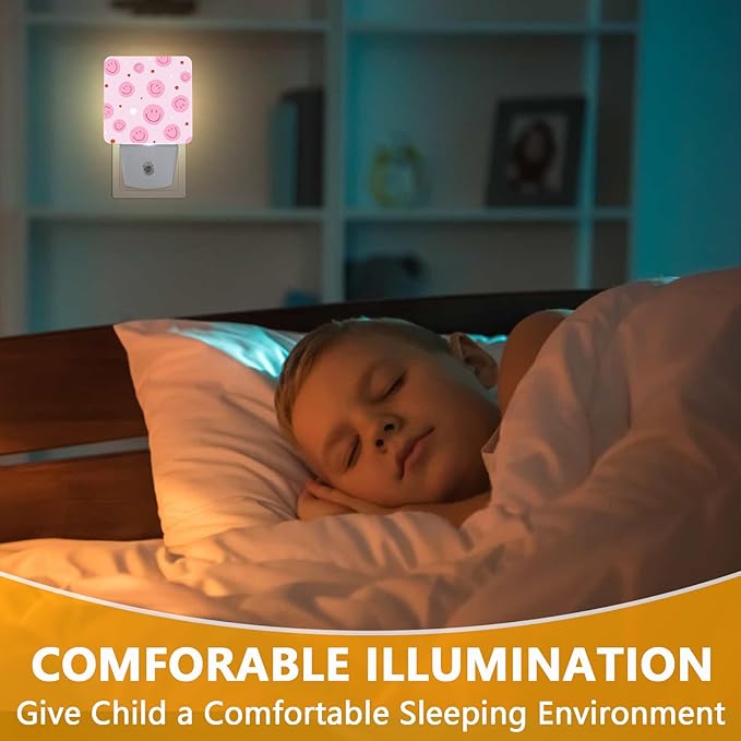 Pink Smiley Face Night Light, Plug-into Nightlight White LED Lamp, Energy Efficient Decor Desk Lamp for Bedroom Hallway Stairs Bathroom