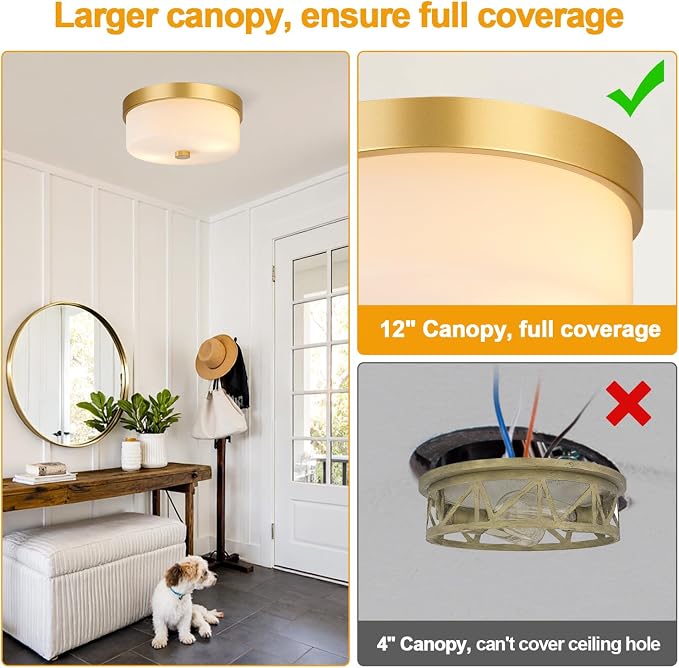 szzgco Flush Mount Ceiling Light Fixtures, 2-Light Gold Ceiling Mount with Milky White Glass Lampshade, Industrial Flush Mount Light Fixture Farmhouse for Hallway, Kitchen, Entryway and Foyer