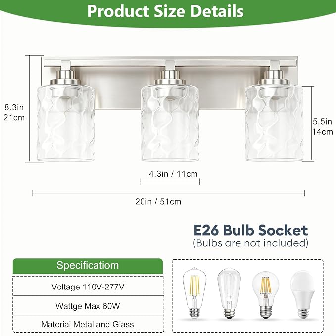 Modern Bathroom Lighting Fixtures Over Mirror, Vanity Lights for Bathroom, Wall Sconces with Clear Glass Shades, E26 Ceramic Socket, 3-Light 19.7-inch Brushed Nickel