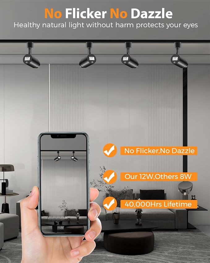 Zoomable H Track Lighting Heads H Type Track Light Heads Dimmable LED Track Lighting Fixtures Ceiling Spot Light, H Style Track Heads for H Track Lighting Rails - Black CRI90 12W 8 Pack 3000K