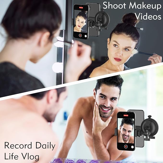 Shower Mirror Phone Holder, Suction Cup Mirror Phone Mount for Shower Bathroom Glass Kitchen Tile, TikTok YouTube Instagram Make Up Vlog Video Content Creator Essentials