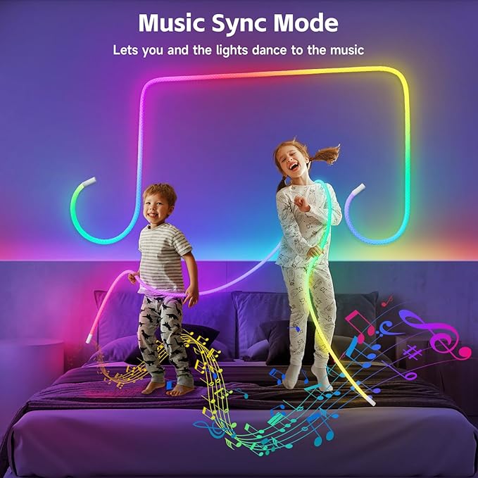 LED Rope Lights, 16.4ft Neon LED Lights Strip with 360 Degree Luminous, 5V USB Flexible IP67 Waterproof Music Sync Remote APP Control Gaming Lights Accessories for Bedroom Outdoor Décor