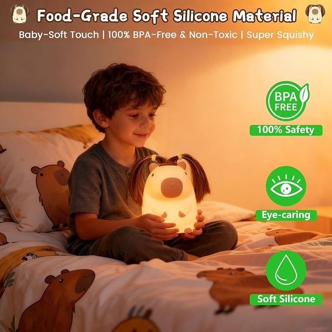 FAMIDUO Cute Capybara Night Light, DIY Hairstyle & Squishy Silicone Lamp | Rechargeable Tap-Control Bedside Lamp,Soft Squishy Silicone Nursery Light for Boys & Girls,Cute Room Decor,Funny Xmas Gift