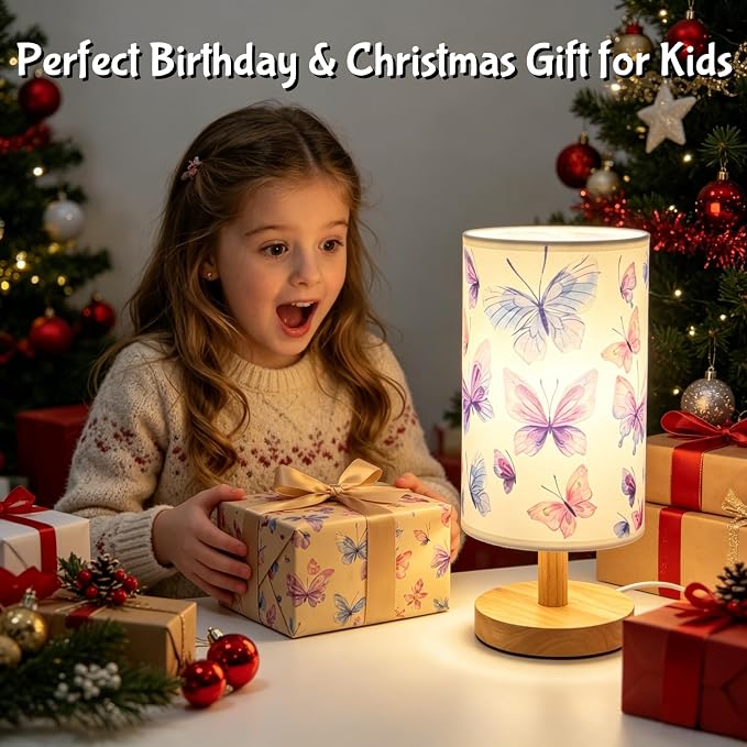 Butterfly Kids Table Lamp for Bedroom Girls Bedside Lamps 3 Colors Modes LED Nightstand Night Light with Cartoon Linen Lampshade Desk Lamp for Girls Boys Room Nursery Decor,Butterfly Gifts for Girl