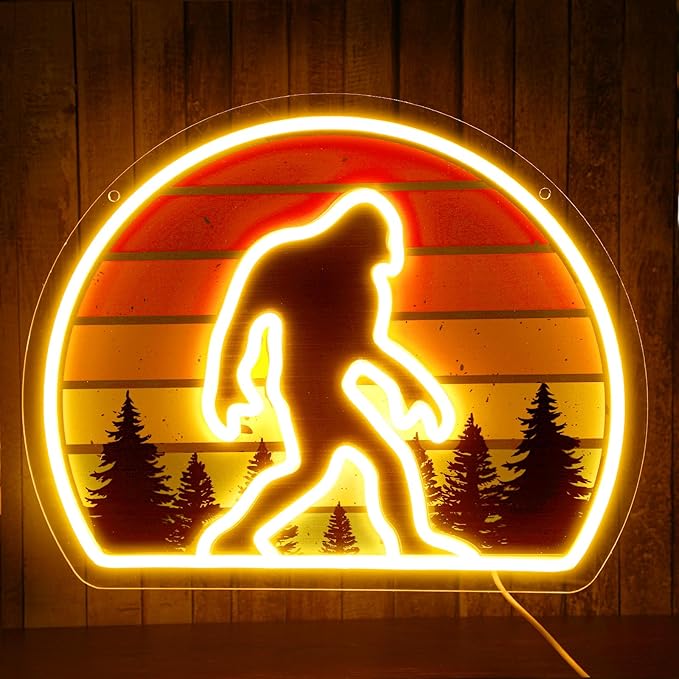 Sasquatch Neon Sign Bigfoot Neon Light for Wall Decor, Retro Sunset Sasquatch Forest LED Light up Sign for Man Bedroom Decor Birthday Holiday Big Foot Gifts, 15.35 x 12.2 Inch