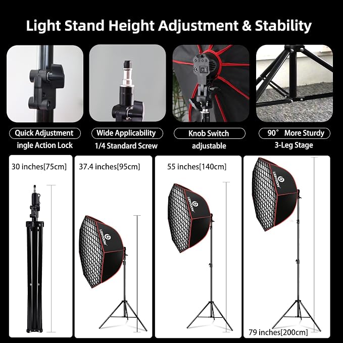 Light Box Photography Lighting Kit:37" Octa Softbox,Honeycomb Grid,110W LED Lamps,RC,Tripod Stands for Studio Light,Video Recording,Portraits,Model/Food/Pet/Baby/Product Shoots & Live Streaming