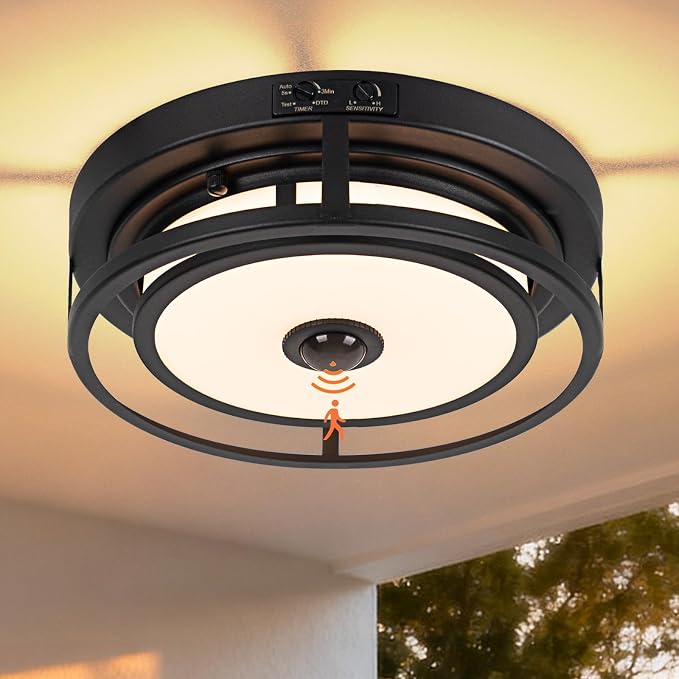 LED Motion Sensor Outdoor Ceiling Light Flush Mount Porch Ceiling Light | 12 Inch Black Ceiling Light Fixtures, Dusk to Dawn Outdoor Light Waterproof, 3CCT 3000K/4000K/5000K for Porch Garage Patio