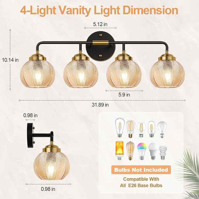 MOKATNG Bathroom Light Fixtures, 4-Light Amber Vanity Lights with Unique Leaf Texture Glass Shade, Modern Matte Black and Gold Bathroom Wall Lamp for Mirror Hallway Cabinet Living Room