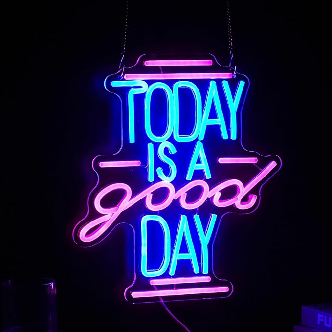 Today Is A Good Day Neon Sign Coffee Cup Milk Neon Light for Wall Decor Dimmable USB Powered 12.4 * 14.2 Inch Led Letter Neon Light Glass Sign for Coffee Shop Wedding Bedroom Party (Blue Pink)