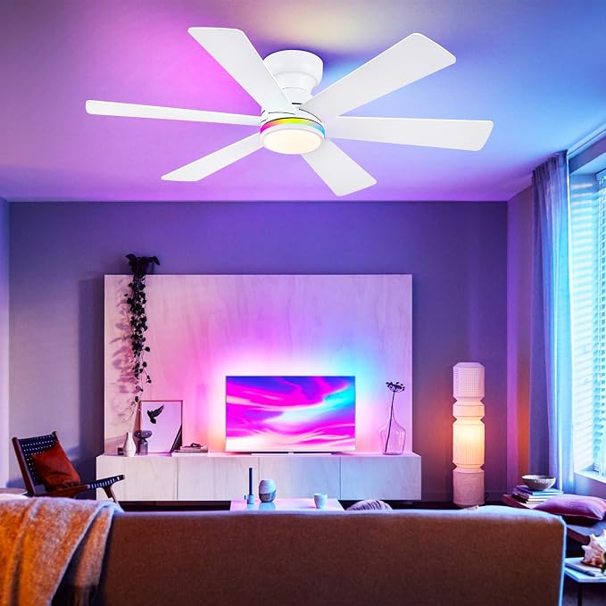 46" 6-Blade White Low Profile RGB Ceiling Fan with Light and Remote/APP | 11 RGB Modes,Reversible 6 Wind Speeds,Dimmable 3 CCT LED, 25W Quiet DC Motor,Timer,6 Double-Sided Blades,for Bedroom Party