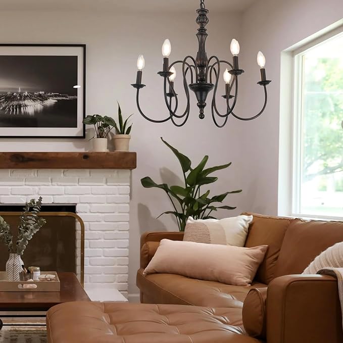 6-Lights Black Chandelier Mid Century Modern Candle Style Orb Oil Rubble Black Chandelier Light Fixture Vintage Chandeliers for Dining Room, Kitchen, Living Room, Bedroom, E12