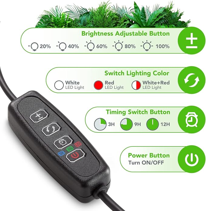 Grow Lights for Indoor Plants, 4 Heads Full Spectrum with Timer | 2 Pack,10ft long USB cable, auto on/off 3/9/12H timer, 10 dimmable brightness, for succulents, herbs & seedlings