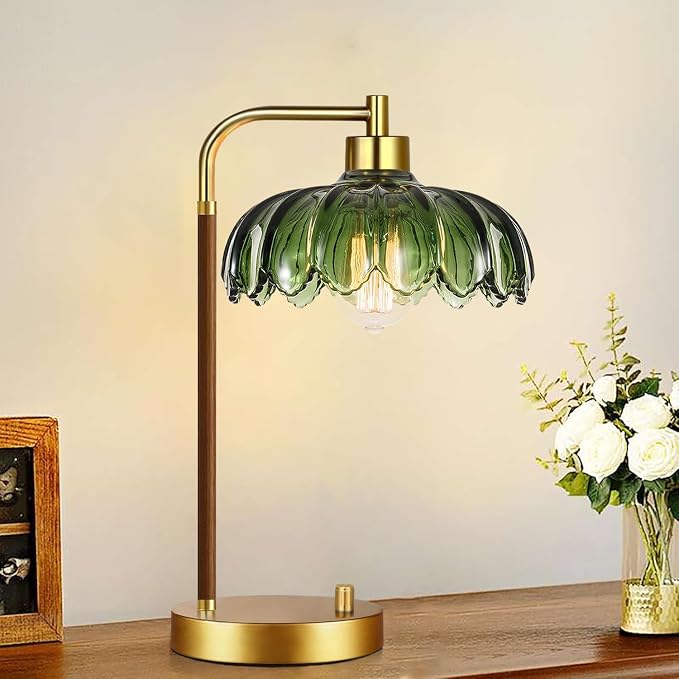 ILLMTW Vintage Table Lamp Set of 2 for Bedroom Living Room,Small Bedside Lamps Dimmable Boho Bedroom Lamp with Glass Green Flower LampShade,Mid Century Modern Mini Nightstand Lamp Gold Side Table Lamp