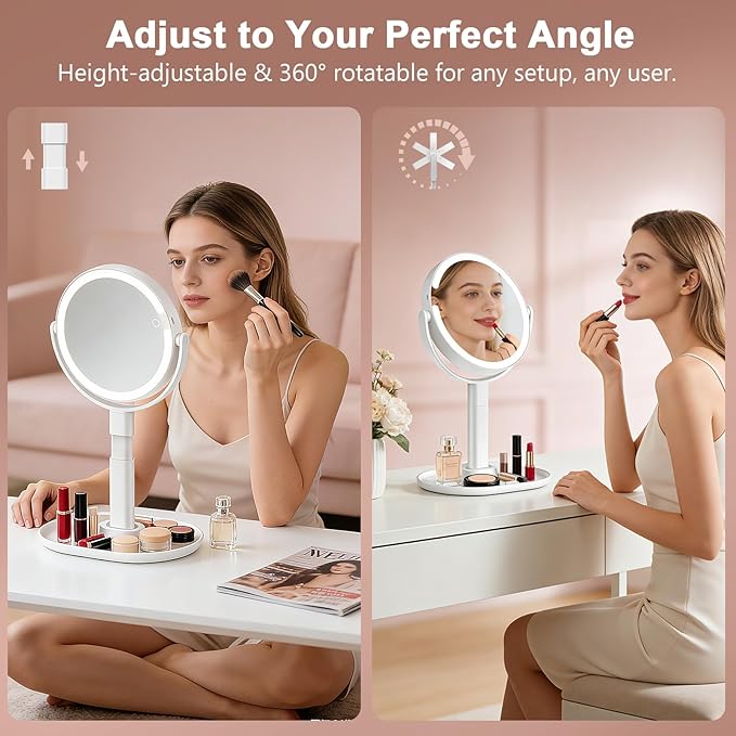 Lighted Makeup Mirror with 10X Magnification, Rechargeable LED Magnifying Vanity Mirror with 3 Lights, Adjustable Height, Storage Base and Phone Holder, White, 7 inch
