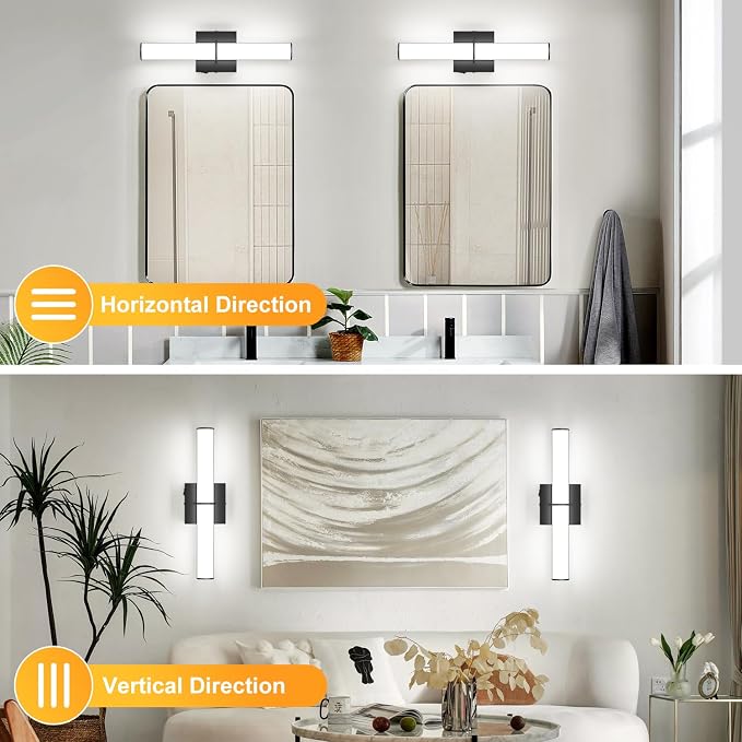 2Pack 17.3Inch Black Vanity Light Fixture with Switch, 12W 5000K Led Bathroom Light Fixture Over Mirror, Hardwired Wall Light, 1200LM Vanity Light Bar for Mirror Bedroom Hallway Living Room