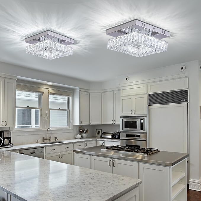 Mini Modern Crystal Chandeliers Square Flush Mount Ceiling Light LED Chandelier for Hallway Kitchen Foyer Dining Room,Dia 9.8",18 W 6000K