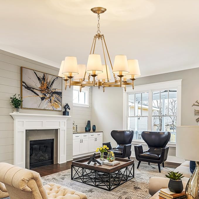 29.9inch 8-Light Gold Chandelier with White Linen Fabric Shade Large Farmhouse Ceiling Light Fixture Industrial Adjustable Hanging Pendant Light for Dining Room Living Room Kitchen Bedroom