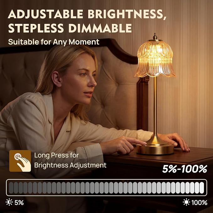 Flower Battery Operated Rechargeable Lamp Cordless, Tulip, Amber | Small, Vintage, Gold, Wireless, LED, Dimmable, Table, Home Decor, Bedroom, Bedside, Nightstand, Birthday Gifts for Women