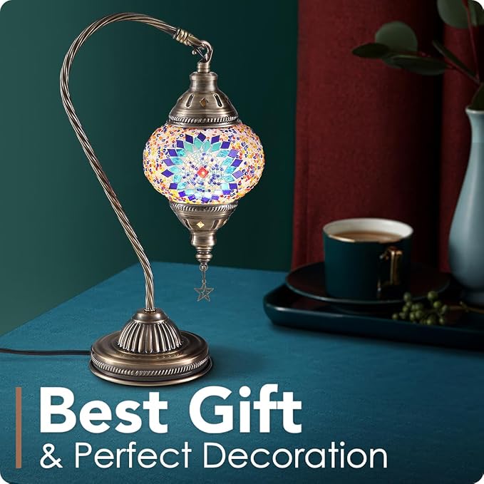 Yarra-Decor Turkish Moroccan Lamp with Bronze Base 3 Color Options Handmade Swan Neck Mosaic Glass Bedside Lamps for Bedroom (LED Bulb Included)(Blue1)