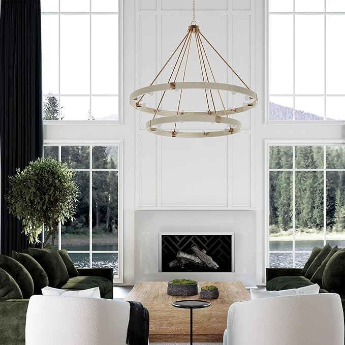 Capital Lighting 449802MA Delaney Modern Hand-Wrapped Rope Round Two-Tier Chandelier, 20-Light 1200 Total Watts, 44" H x 48" W, Matte Brass
