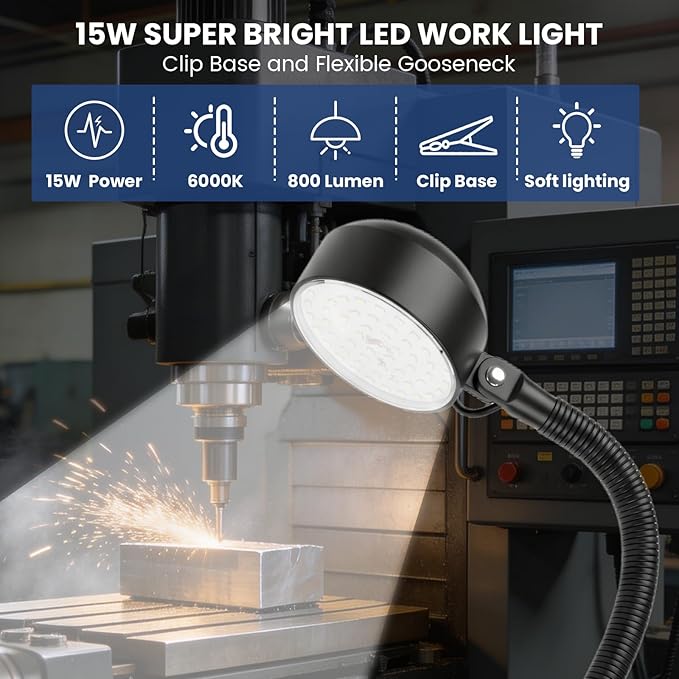 15W Clamp Light,6000k LED Work Light with Flexible&Strong Clip,LED Machine Light with Flexible Gooseneck,Shop Tool Lamp for Work Bench,lathe,Sewing Machine,Grill,Shop,Industrial Lighting