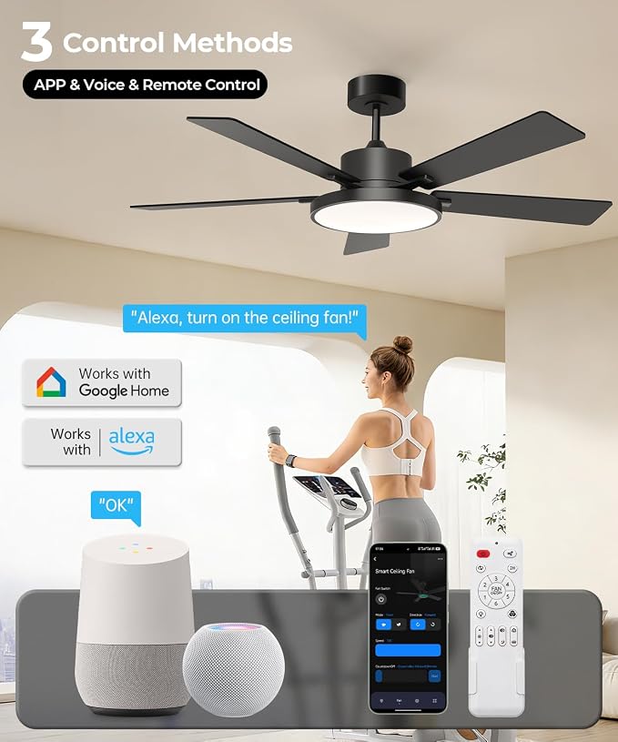 RGBCW Smart 52" 2600LM LED Ceiling Fan Light with Remote, Black | Alexa/Google/App Control, Reversible DC Motor, 6 Speeds & 2 Fan Modes, Dimmable, Quiet Fan for Bedroom, Living & Gaming Room