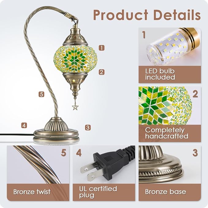 Yarra-Decor Turkish Moroccan Lamp with Bronze Base 3 Color Options Handmade Swan Neck Mosaic Glass Bedside Lamps for Bedroom (LED Bulb Included)(Green2)